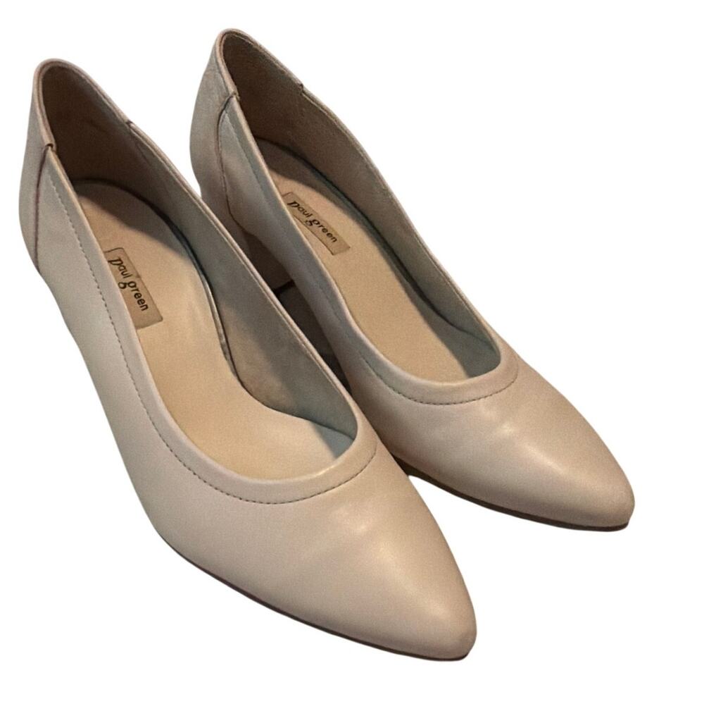 Paul Green Yvette Pointed Toe Block Heel Pumps - Beige Leather - US 7 / EU 4.5